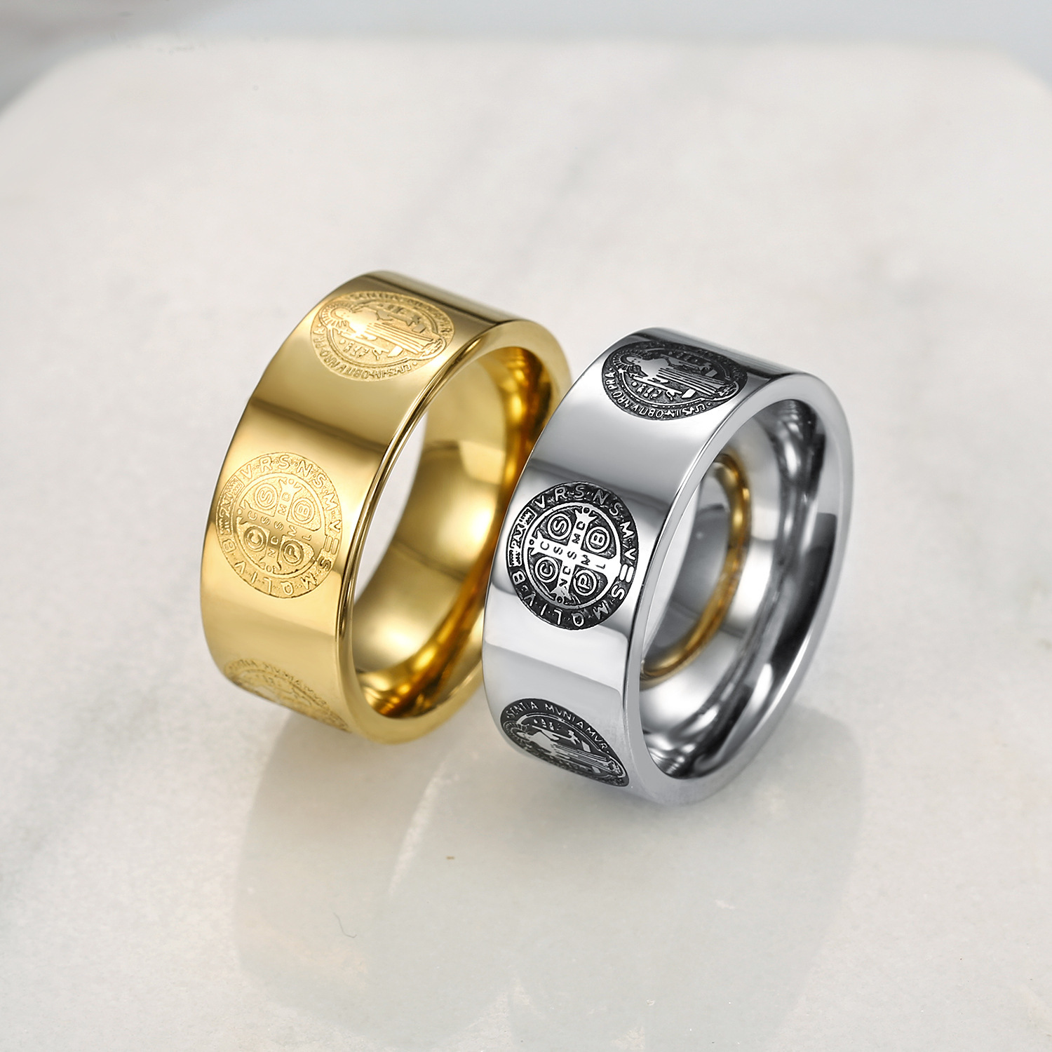 European and American style cross-border hot selling personalized 10mm men's stainless steel engraved corrosion ring jewelry wholesale does not f
