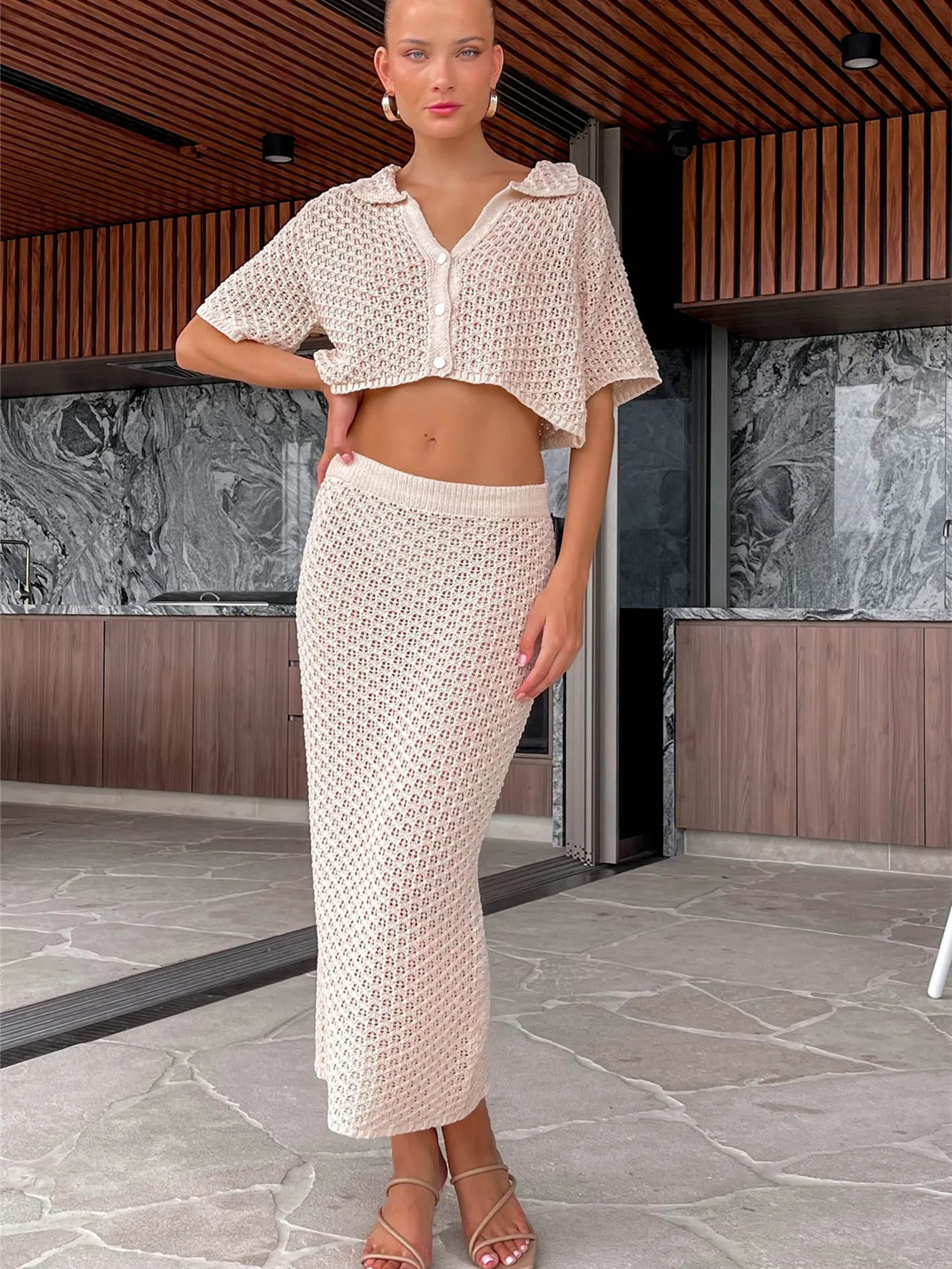 Women Crochet Knitted Skirts Set Hollow Out Lace up Swimsuit Cover Ups 2Pcs Knitted Outfits Set Swim Beachwear 240809