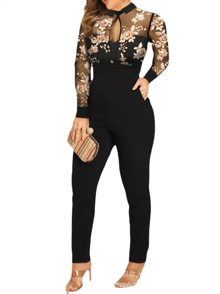 For Womens Spring Autumn Long Sleeve Lace Printed Jumpsuit Pants Fashion Slim Waist Elegant Female Lace Jumpsuit Long Pants 240809