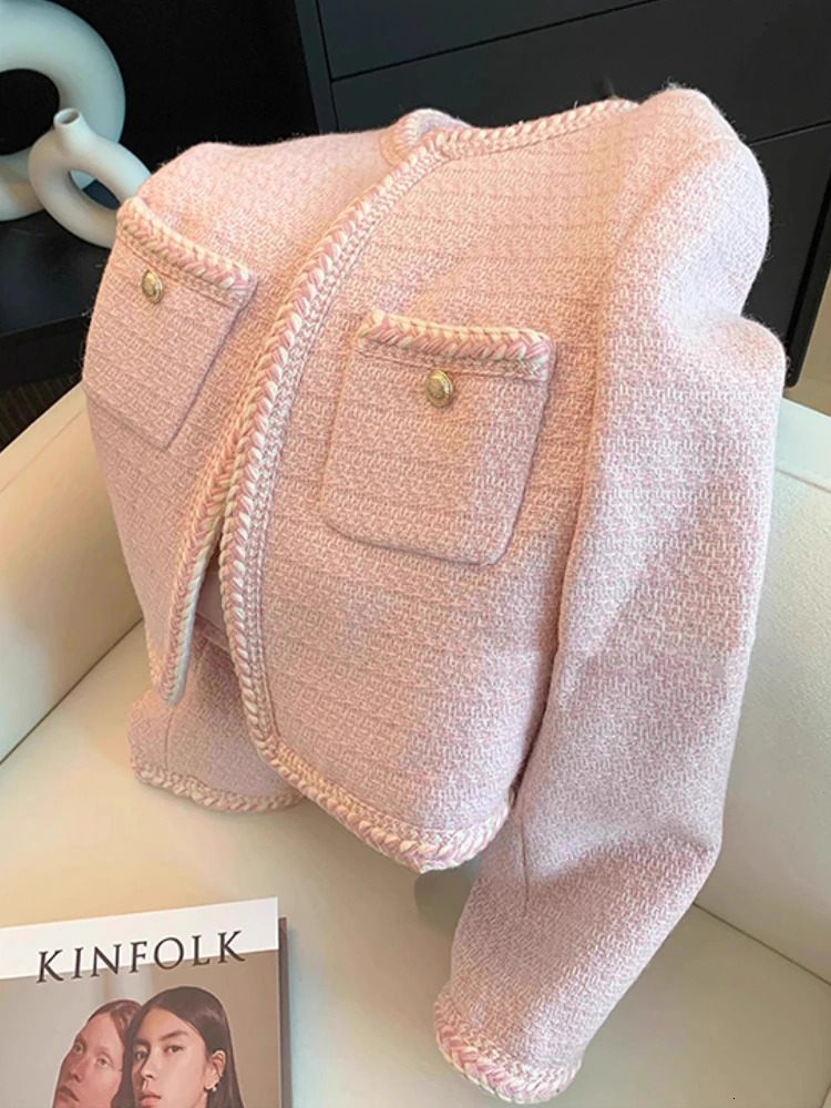 Pink sweet coarse tweed jacket womens Korean fashion O-neck short jacket autumn and winter single chest elegant cut jacket 240826