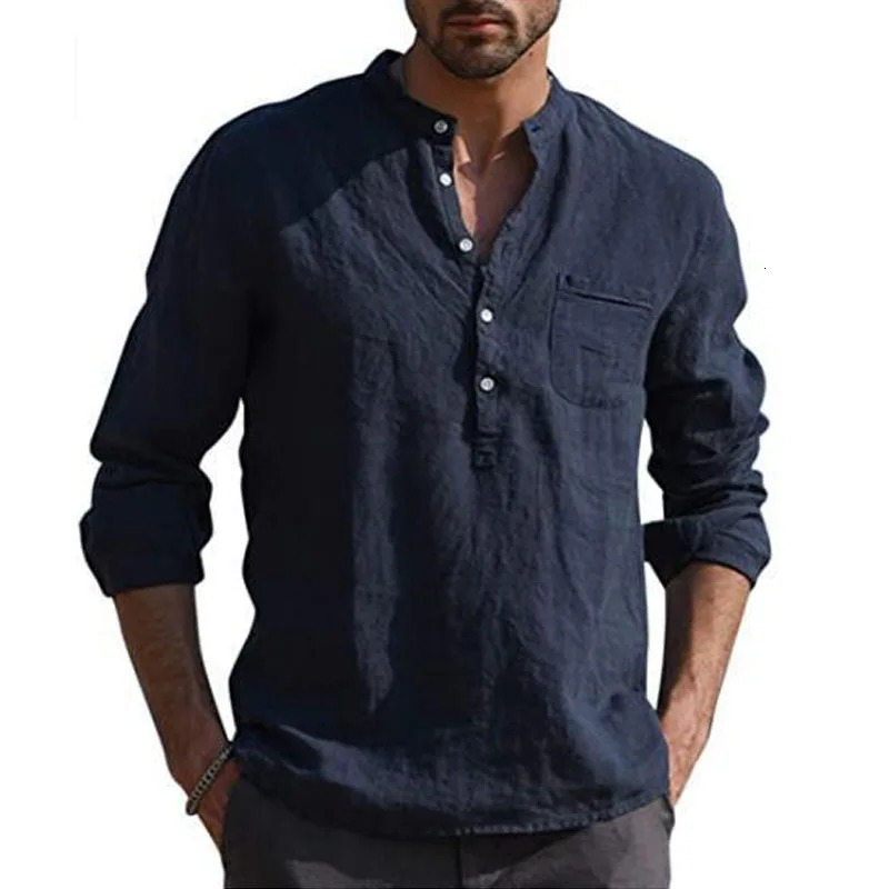 S-5XL Cotton Linen Shirt Long Sleeves Crew Neck Mens Summer Simple Plain Blouse Button Down Tops Plus Size 240816