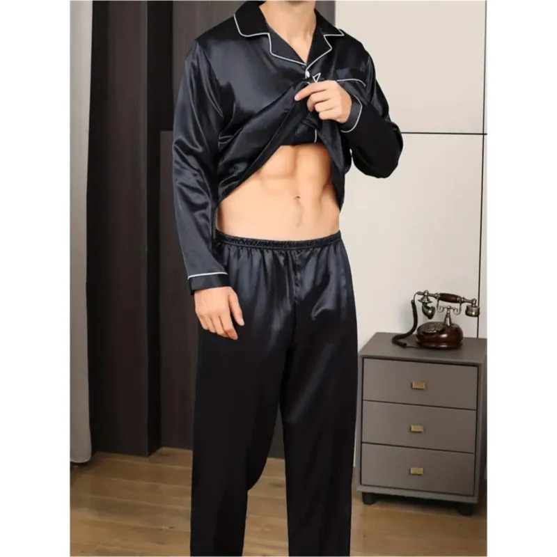 Men Pajamas Set Silk SatinSleepwear For Man Shirt Long SleevePijama Male Fashion Soft LoungewearBig Size Winter Nightwear 240808