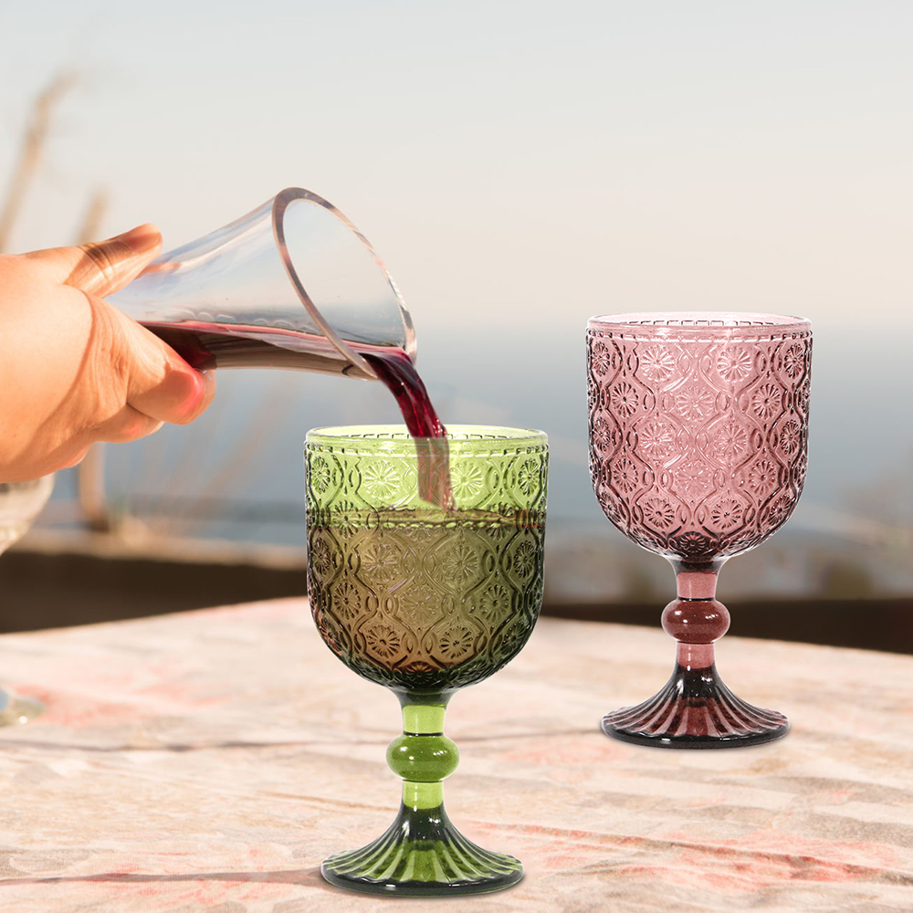 Wholesale 240ml wine glasses 12oz Vintage Pattern European embossed stained lamp thick goblets for Party Wedding Haitang Flower Style