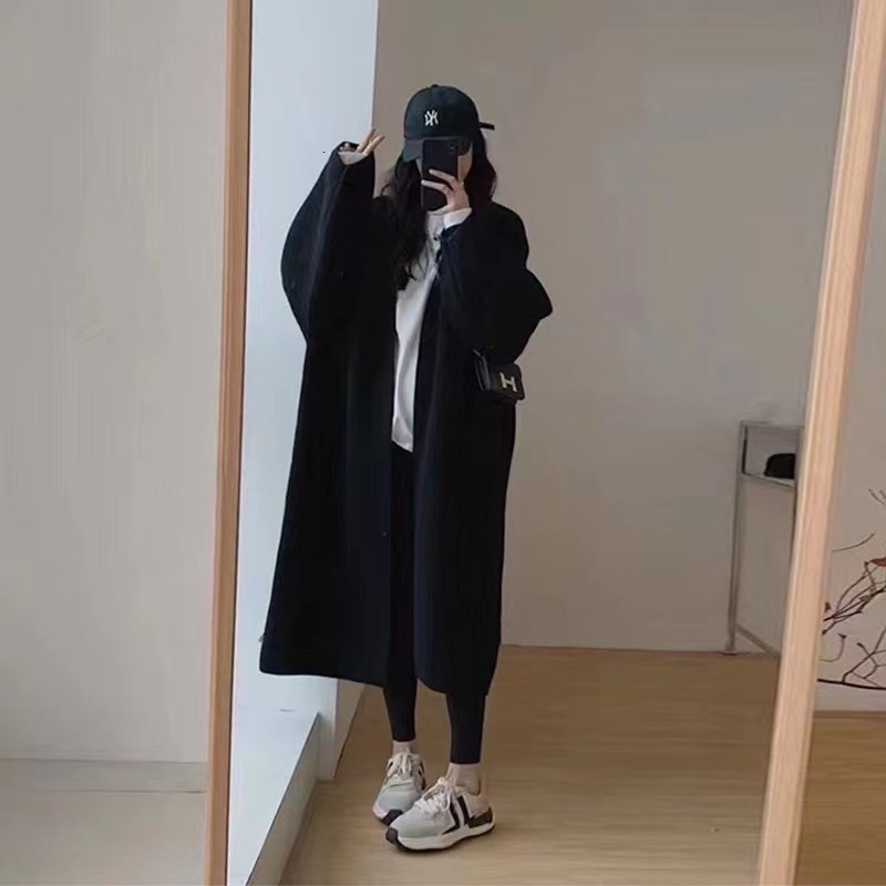 Knitted Cardigan Womens Autumn and Winter New Item Solid Color Lazy Style Loose Thick Sweater Womens Mid to Long Over the Knee Jacket Womens Clothing