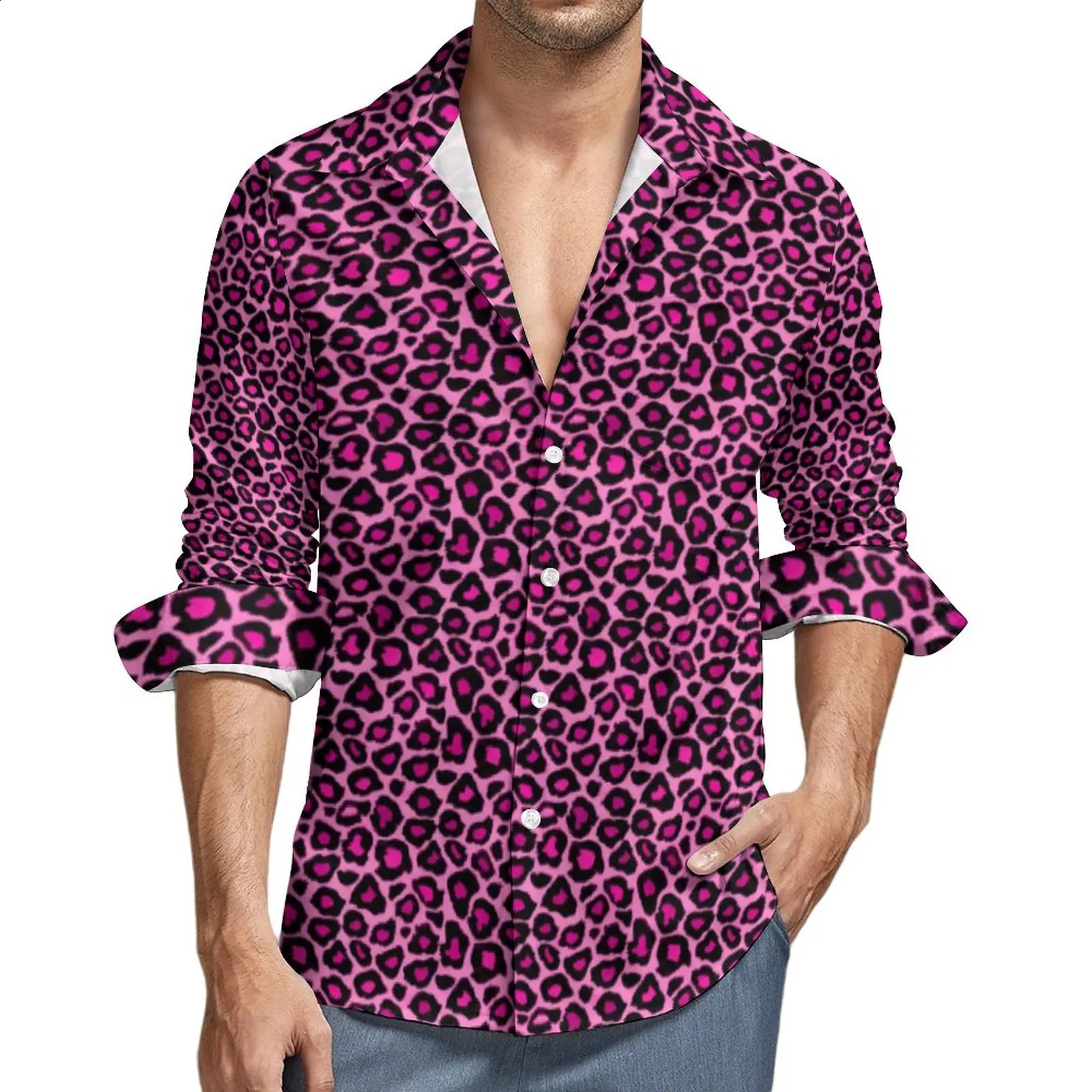 Pink Leopard Casual Shirts Man Animal Fur Print Shirt Long Sleeve Trending Harajuku Blouses Autumn Custom Top Plus Size 240809