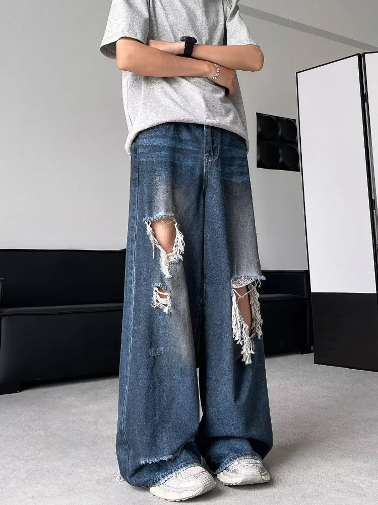 HOUZHOU Hip Hop Ripped Baggy Jeans Men High Street Male Distressed Denim Wide Leg Pants Casual Trousers Vintage Streetwear Loose 240821