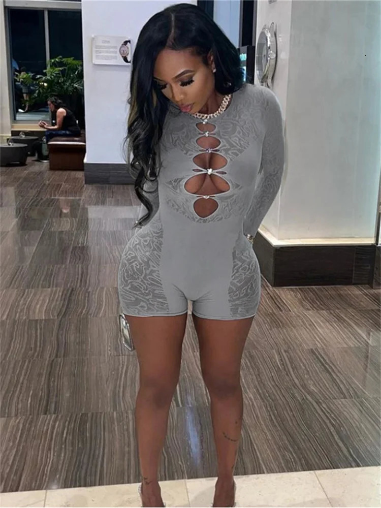 Simenual Women Trim Clubwear Playsuits Sexy Transparent Rhinestone Hollow Out Skinny Rompers Rave Jumpsuits Baddie Outfits 240808