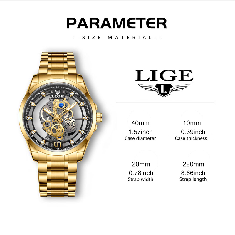 LIGE New Men Watch Skeleton Quartz Wristwatch Gold Skeleton Retro Man Watch Top Brand Luxury Clock Mens Watches Reloj