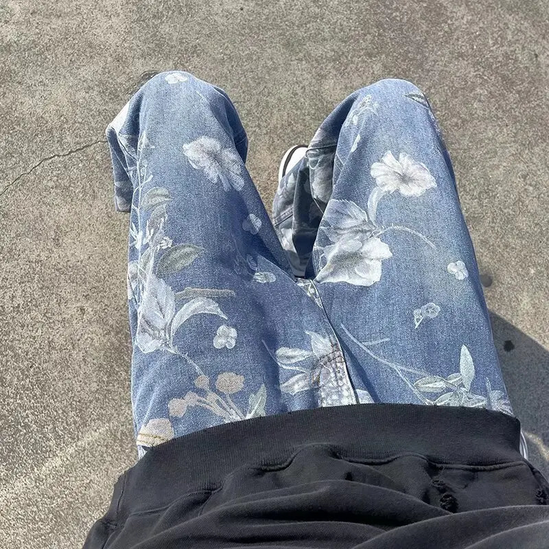 Printed Jeans Spring Korean Style Mens Floral Denim Pant High Street Loose Straight Couples Trousers baggy hosen herren 240821