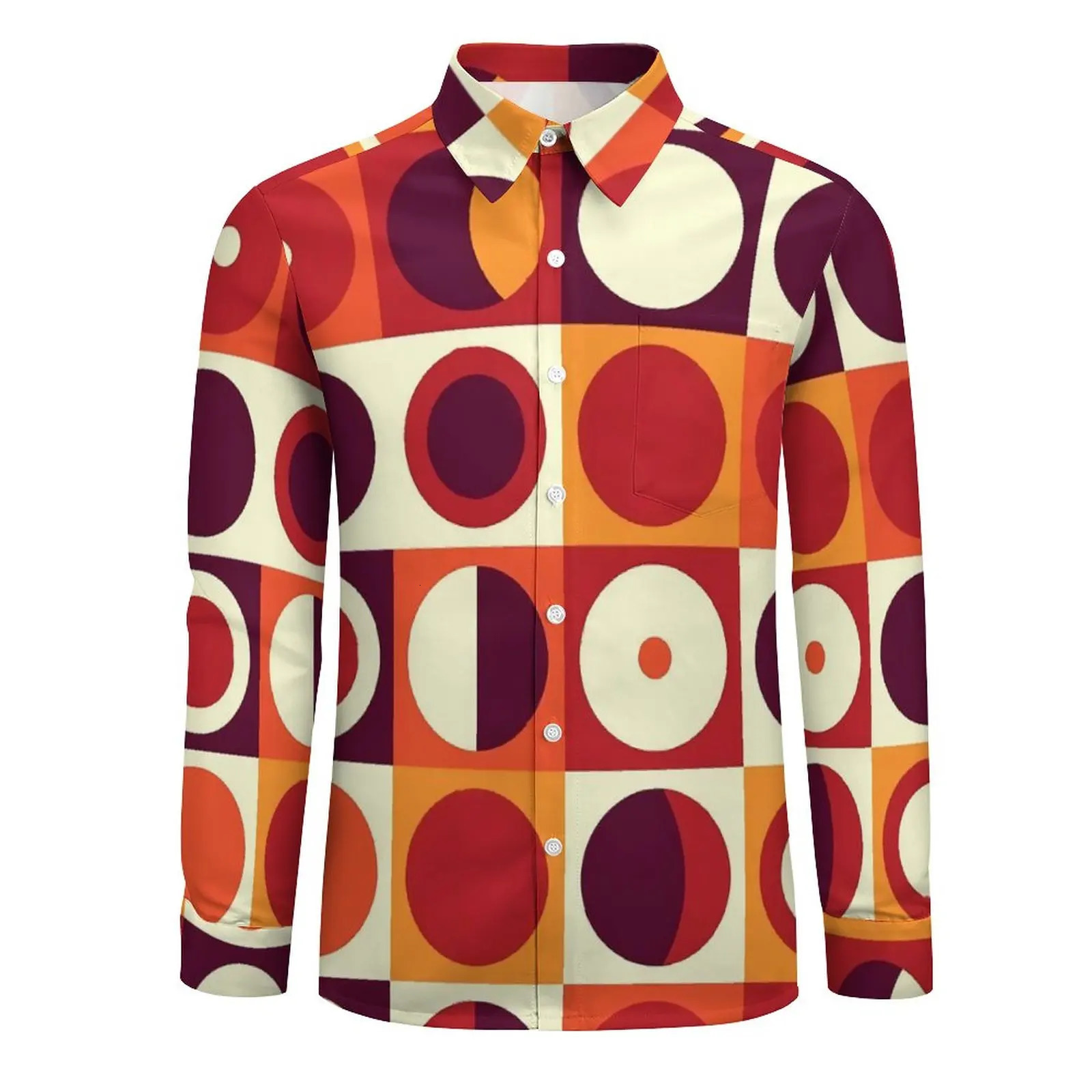Retro Mod Shirt Orangy 70s Print Casual Shirts Long Sleeve Printed Y2K Blouses Spring Novelty Oversized Clothing 240808