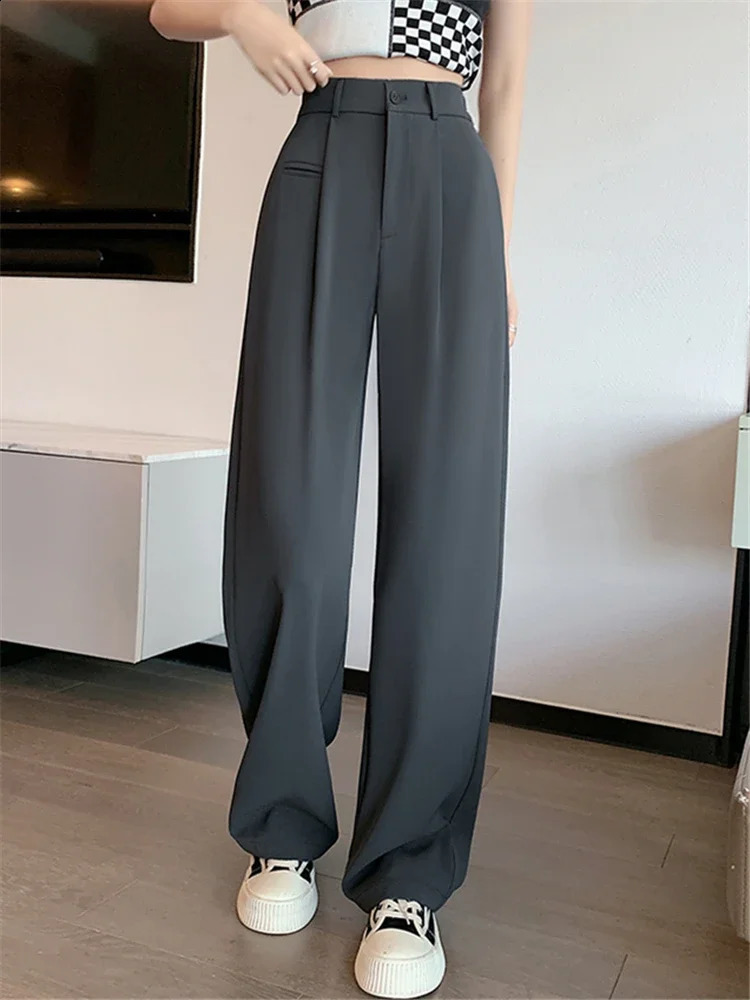 Spring Summer High Waist Suit Wide Leg Womens Pants Buttons Female Elegant Minimalism Straight Loose Trousers 240809