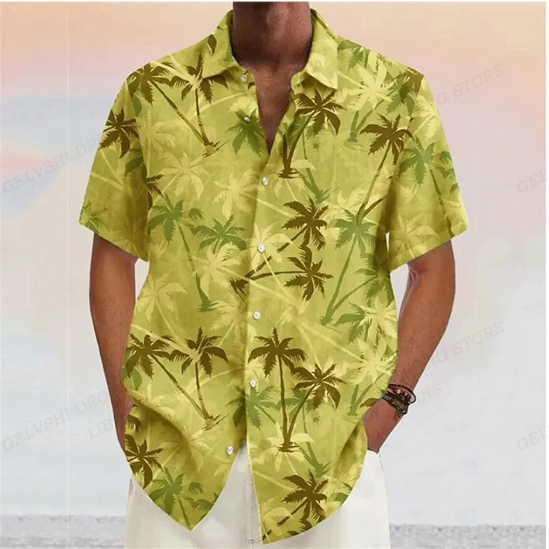 Summer Men Hawaiian Shirts Coconut Tree Lapel Camisas Men Fashion Short Sleeve Shirt Floral Blouse Turn Over Collar Clothes Male 240808