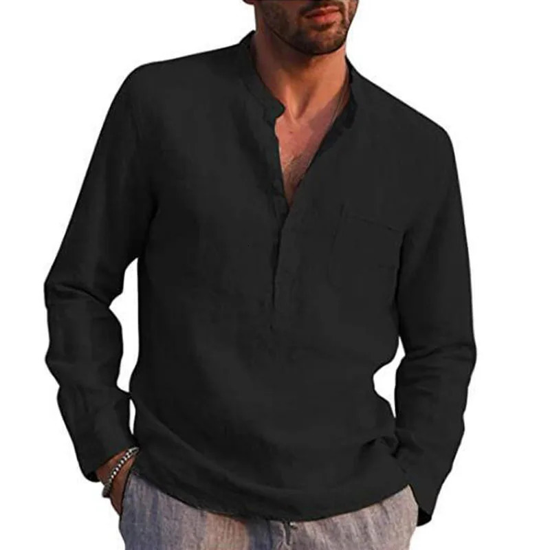 S-5XL Cotton Linen Shirt Long Sleeves Crew Neck Mens Summer Simple Plain Blouse Button Down Tops Plus Size 240816