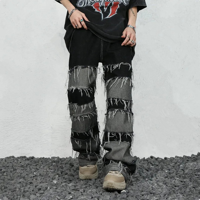 Ropa Grunge Y2K streetwear bag stacking jeans mens clothing patch work straight loose pants Pantalones Hombre 240809