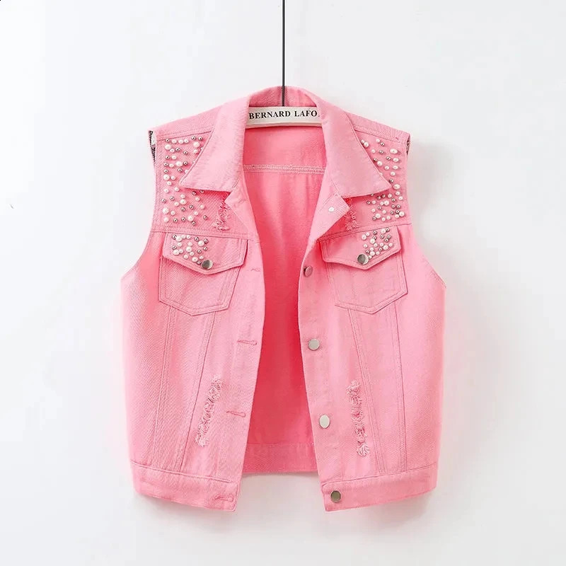 Colorful Denim Jacket Waistcoat Womens Spring Summer Slim Hole Beaded Sleeveless Coat Female Short Casual Vest Outwear Tops 240813