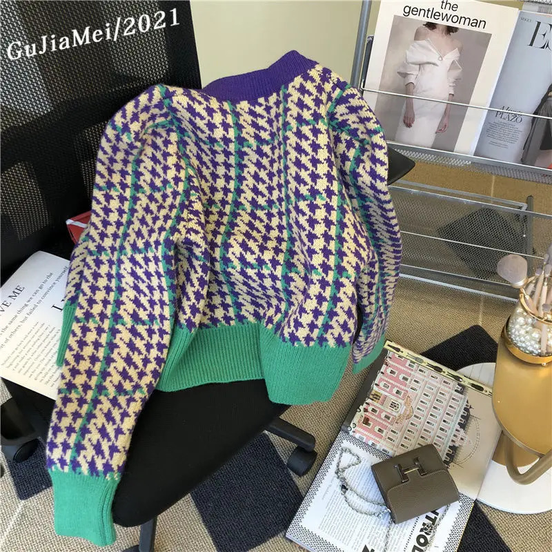 European Goods Colored Thousand Birds Knit Cardigan Women Autumn And Winter Round Neck Fashion Retro Short Sweater Tops 240809