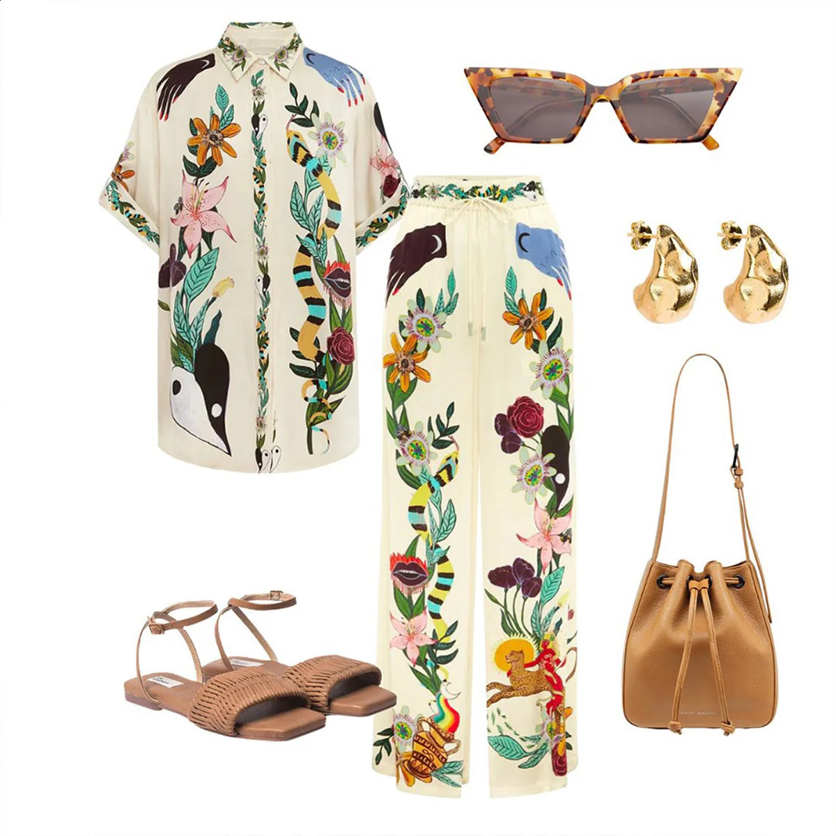 Causal Satin Printed Pants 2 Piece Sets For Women Fashion Lapel Single Breasted Long Sleeved Shirts Suits Lady Vacation Outifts 240809
