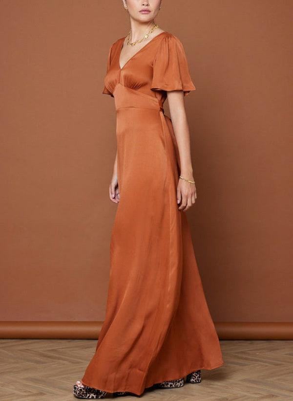 Modern Satin A-E Bridesmaids' & Formal V-Neck Short Sleeves Or-Length Junior Bridesmaid Dresses Bc19336 0220
