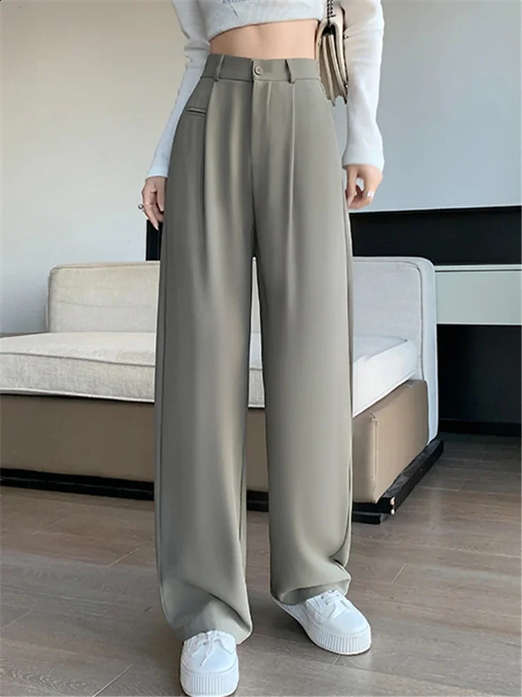Spring Summer High Waist Suit Wide Leg Womens Pants Buttons Female Elegant Minimalism Straight Loose Trousers 240809