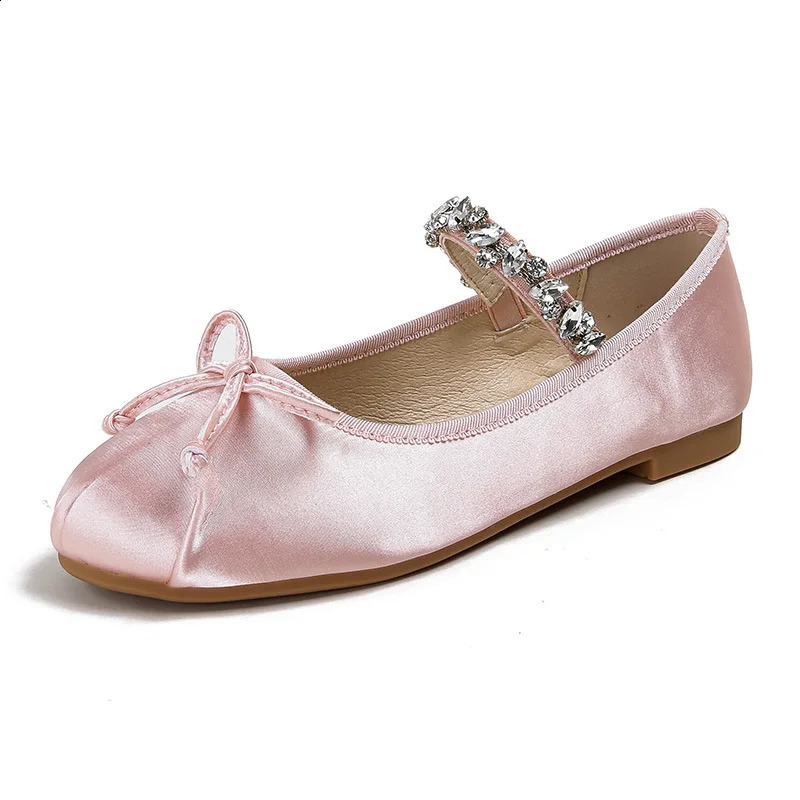 crystal band mary janes shoes woman bowtie silk ballet flats sweet pink dress shoes female rhinestone ankle strap loafers size43 240903