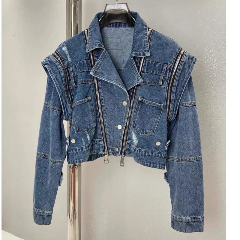 Motorcycle Crop Denim Jacket Women Autumn Shoulder Pad Multi Zipper Short Ripped Jeans Jackets Outwear Vintage Streetwear 240809