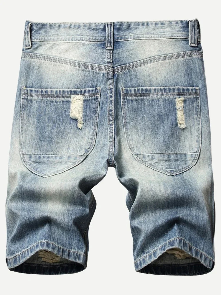 Retro Ripped Mens Denim Shorts Streetwear Hip Hop High Street Fashion Casual Short Jeans Male Stretch Straight Ripped Shorts 240809