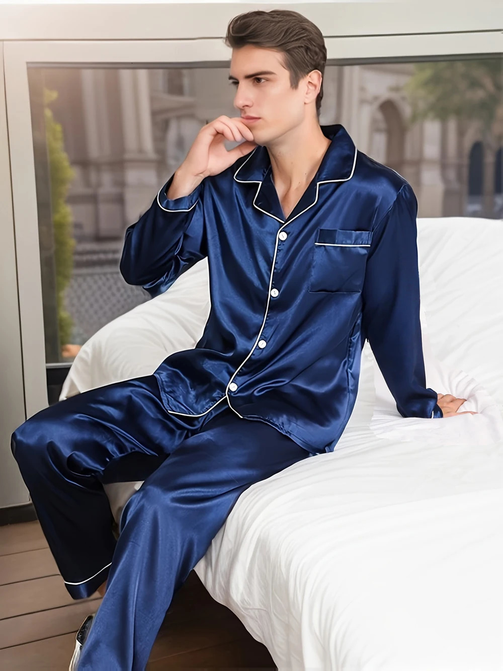 Solid Color Silk Pajamas For Men Long Sleeves Pijama Big size Lounge Male Home Night Wear Suit Satin Pyjama Mens Pajama Sets 240808