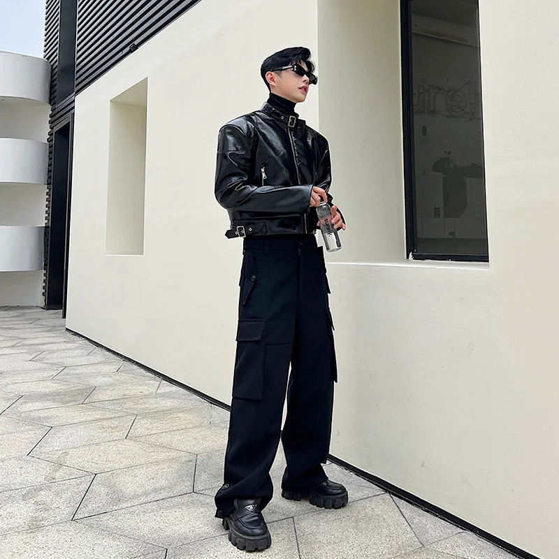 NOYMEI jacket silhouette shoulder pad zipper PU leather buckle stand up collar rubber pattern jacket autumn 2024 WA2811240808