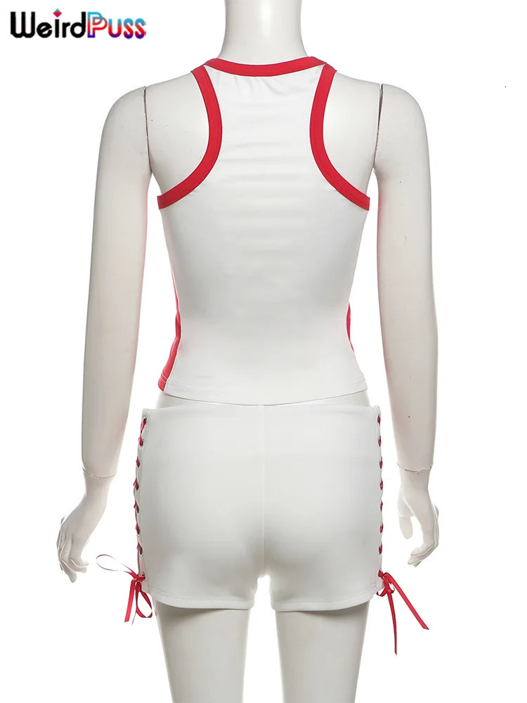 Weird Puss Casual Women Tracksuit 2 Piece Set Letter Print Red Edging Tank TopsShirring Bandage Shorts Sporty Activity Outfits 240808