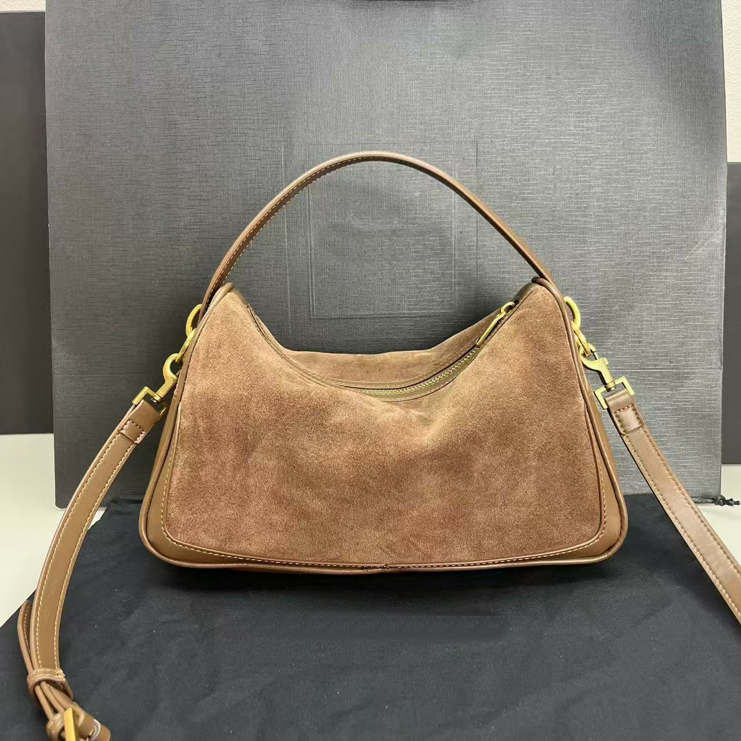 Designer Suede Supple Camera Bags Soft Real Calfskin Leather Long Strap Shoulder Bags Autumn Wear Gold Hardware Zipper Top Handle Handbags 2024 New Fashion Purse