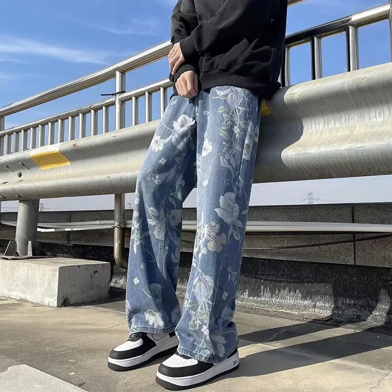 Printed Jeans Spring Korean Style Mens Floral Denim Pant High Street Loose Straight Couples Trousers baggy hosen herren 240821