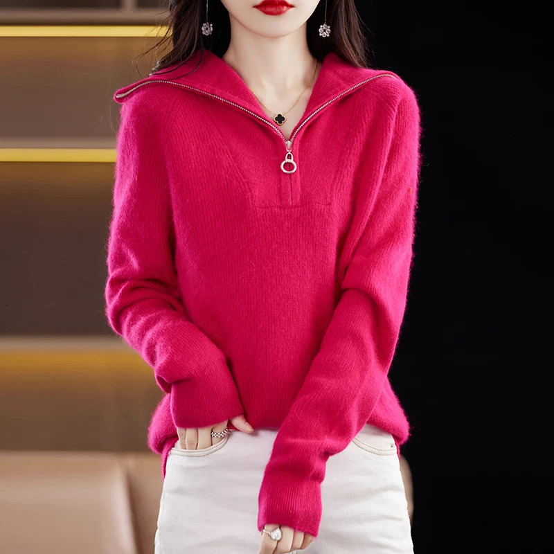 Lapel mink cashmere womens autumn and winter thick sweater loose half zip lazy knit pullover top 240812