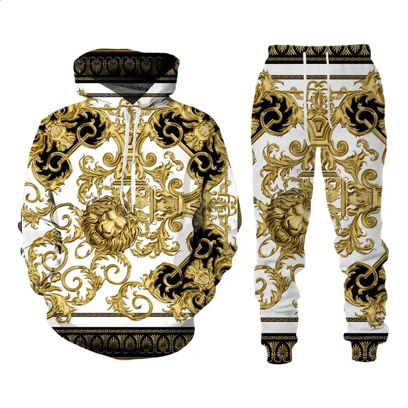 Mens Hoodie Set Baroque Style Sweatsuit 3D Printed Crown Golden Chain Hoodie Sweatsuit Casual Mens Pullover Tracksuit Set 240809
