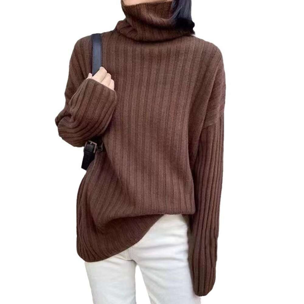 Solid color outerwear, high neck knitted sweater for women's autumn and winter new loose long sleeved base top dongdumaoyi
