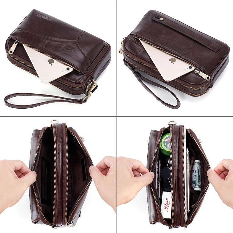 Mens leather handbag large capacity currency wallet mobile phone pocket womens soft double zipper mens clutch bag 240808
