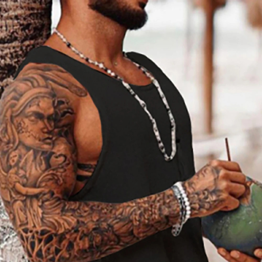 Mens Vest Summer Beach Vacation Vintage Sleeveless Male Clothing Tops Solid Color Crew Neck Loose Causal Mens Tank Tops S-3XL 240808