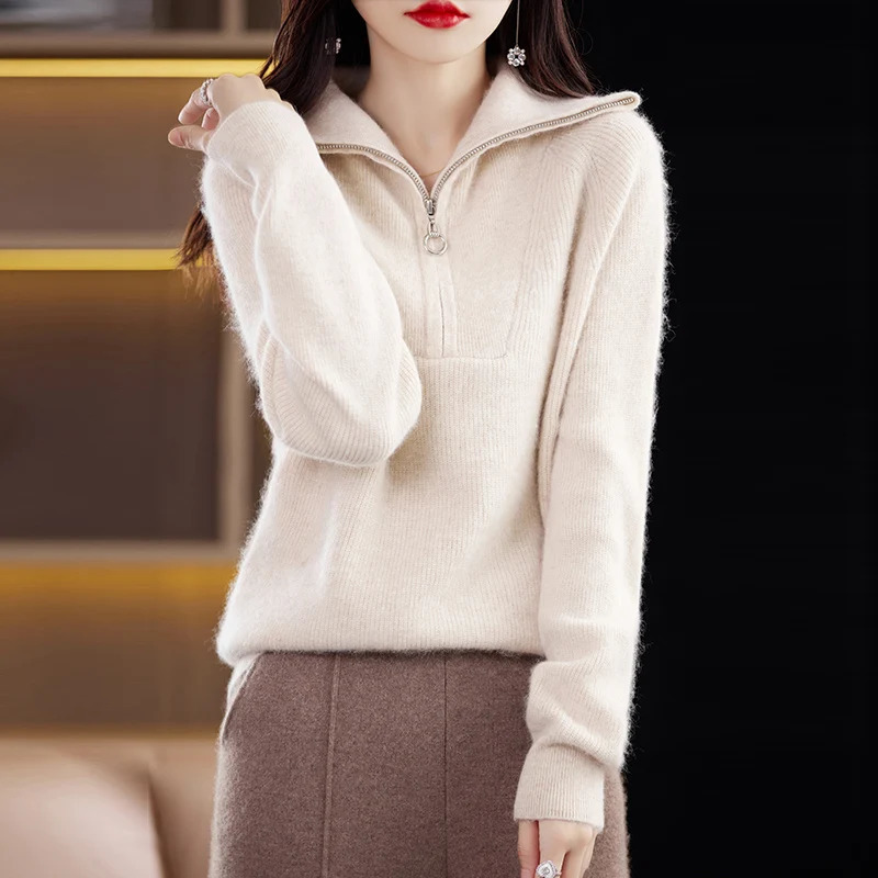 Lapel mink cashmere womens autumn and winter thick sweater loose half zip lazy knit pullover top 240812