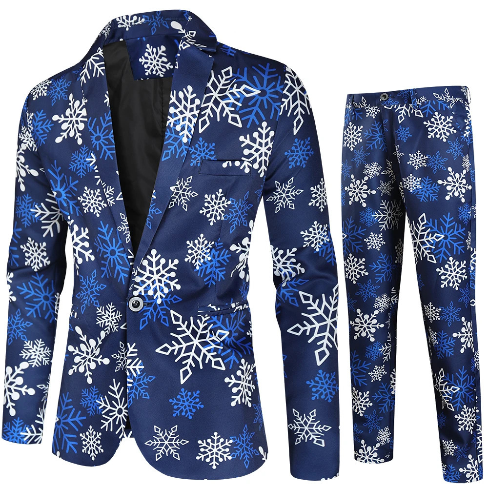 Red Printed Two-piece Mens Christmas Suit Jacket Pants Stylish Male Blazer Coat with Trousers Black Green Blue S-4XL 240808