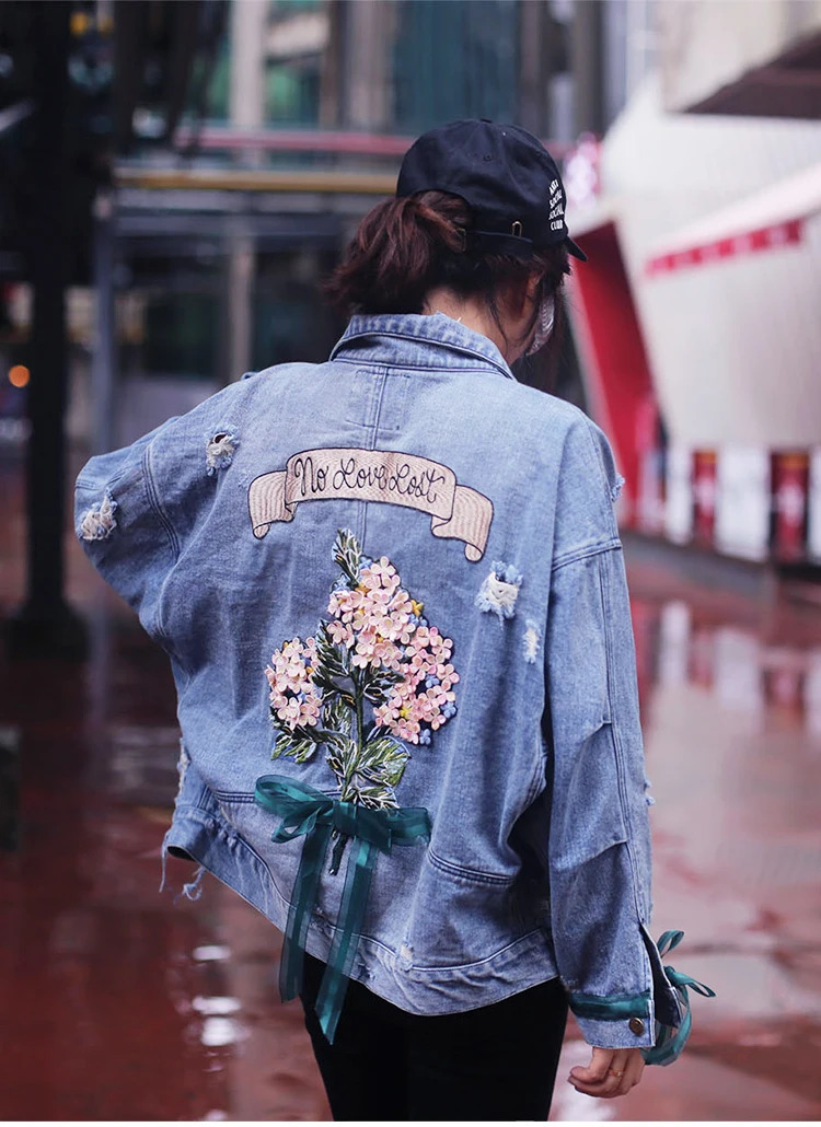 Denim jacket women embroidery flower appliques letters jeans jacket women outerwear coat loose OVERSIZED causal clothing NZ13 240808