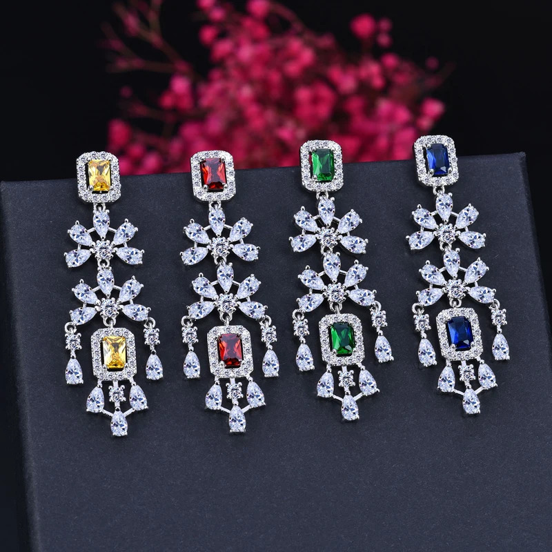 ANGELCZ Exclusive Dubai Bridal Clothing Jewelry Set Womens Yellow Cubic Zirconia Tassel Square Pendant Necklace Earrings AJ199 240805