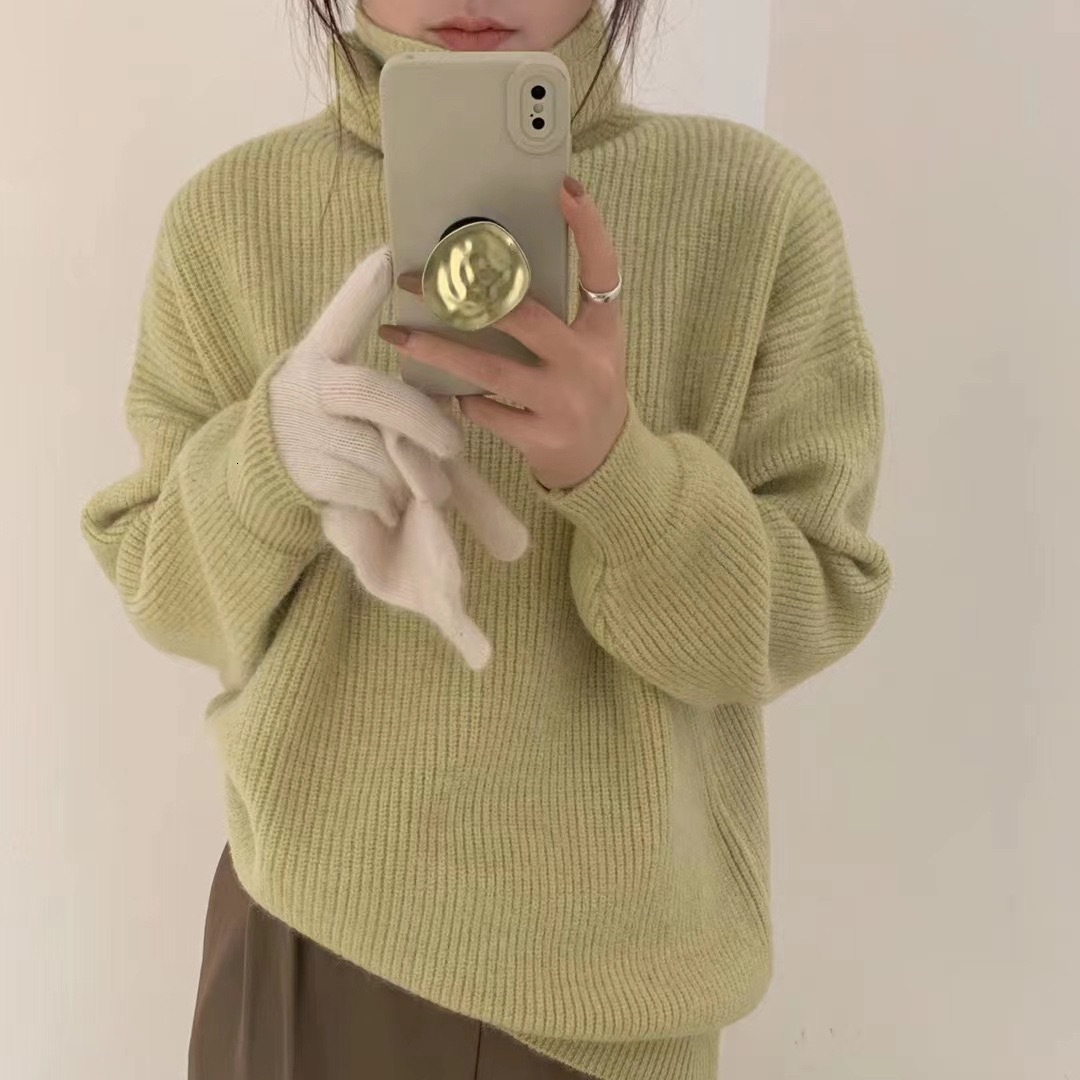 Autumn winter new soft and sticky pullover loose long sleeved solid color simple high neck lazy style knitted sweater top for women dongdumaoyi