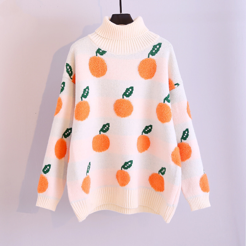 2022 autumn and winter new casual loose orange pattern high neck long sleeved knitted pullover sweater for women dongdumaoyi