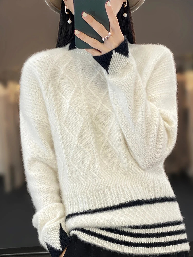 Autumn and Winter 100% Pure Woolen Sweater Womens Half Height Round Neck Contrast Diamond Sweater Loose Wool Knit Top 240812