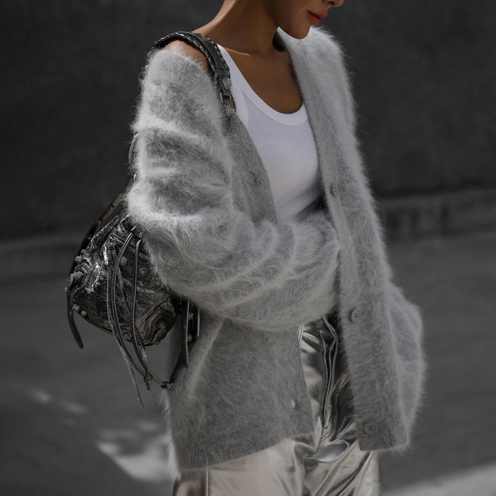 Imitation Mink Wool Knitted Sweater Cardigan Autumn/winter Lazy Loose Long Sleeved V-neck Sweater Jacket for Women