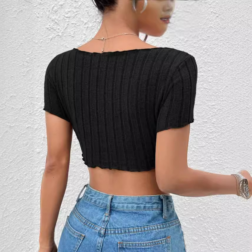 Summer U-shaped Notch Collar Solid Color Top Slim and Short Sleeved T-shirt