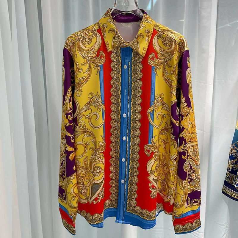 Hawaii mens Baroque style printed casual loose court long sleeved fancy shirt240808