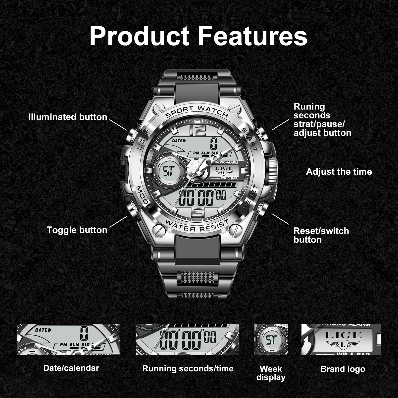LIGE fashion new men's dual display electronic watch multifunctional waterproof night light sports timing code watch