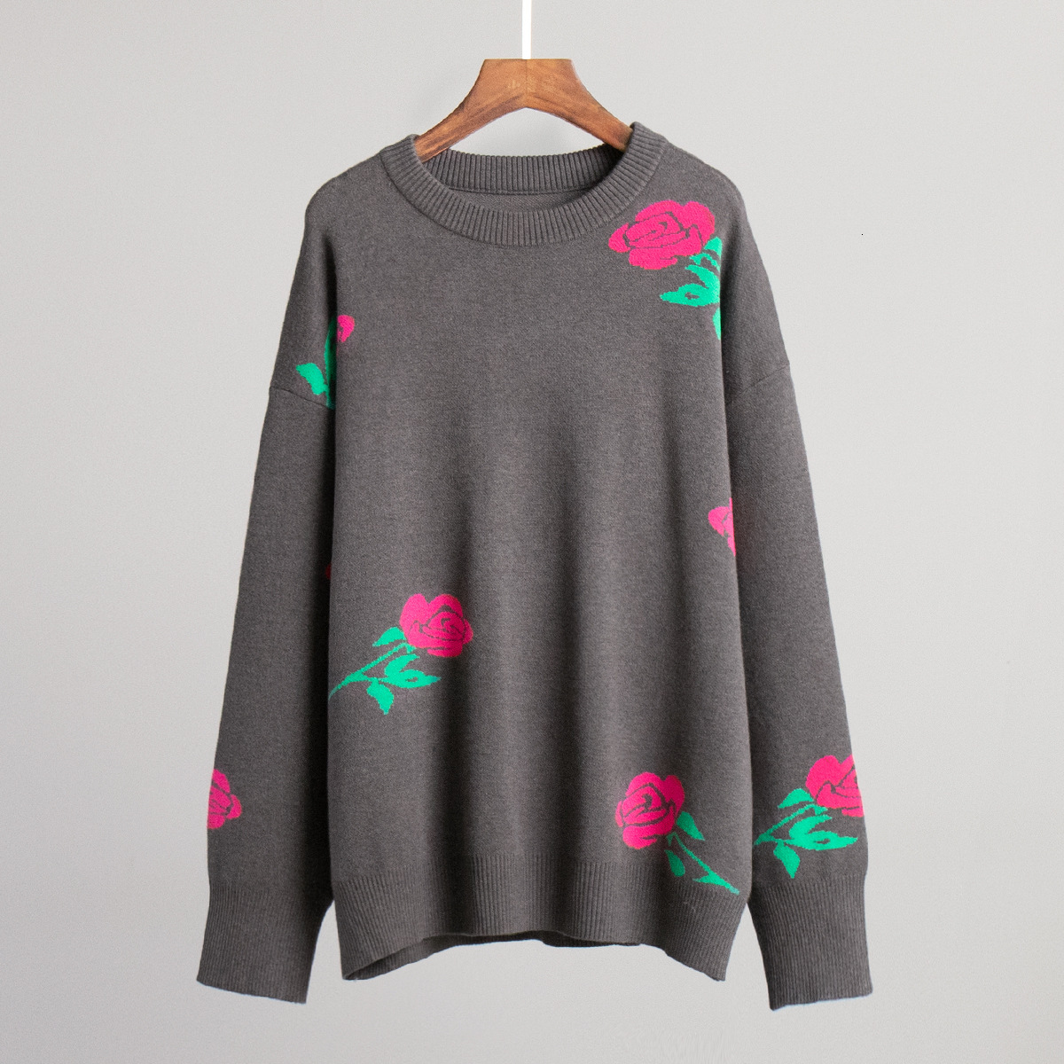 Round Neck Rose Print Sweater Knitted Sweater Autumn and Winter New Versatile Loose Pullover Sweater for Women