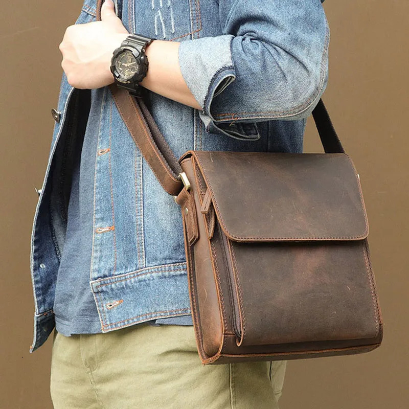 Retro flip crazy horse leather messenger bag mens genuine cross body highquality travel handbag mobile phone 240808