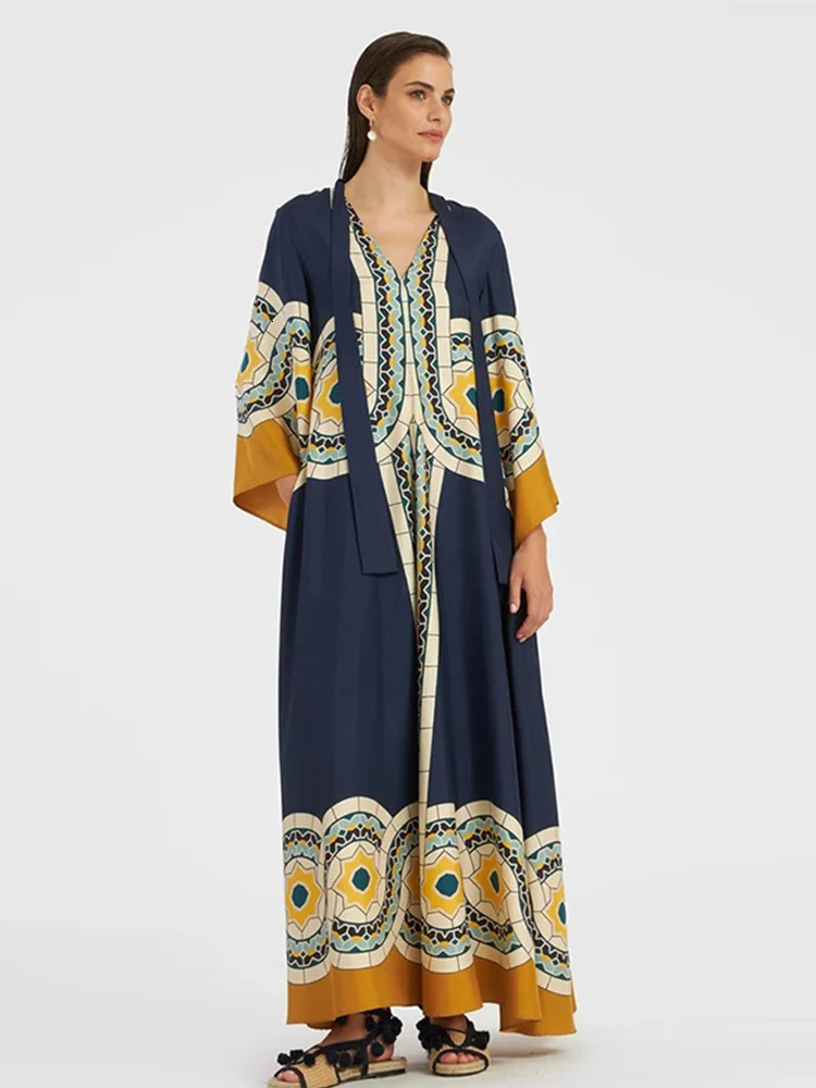 3D Print Spliced Maxi Dress Muslim Women Robes Vintage V Neck Flare Long Sleeve Summer Ladies Elegant Party Casual Dresses 240808